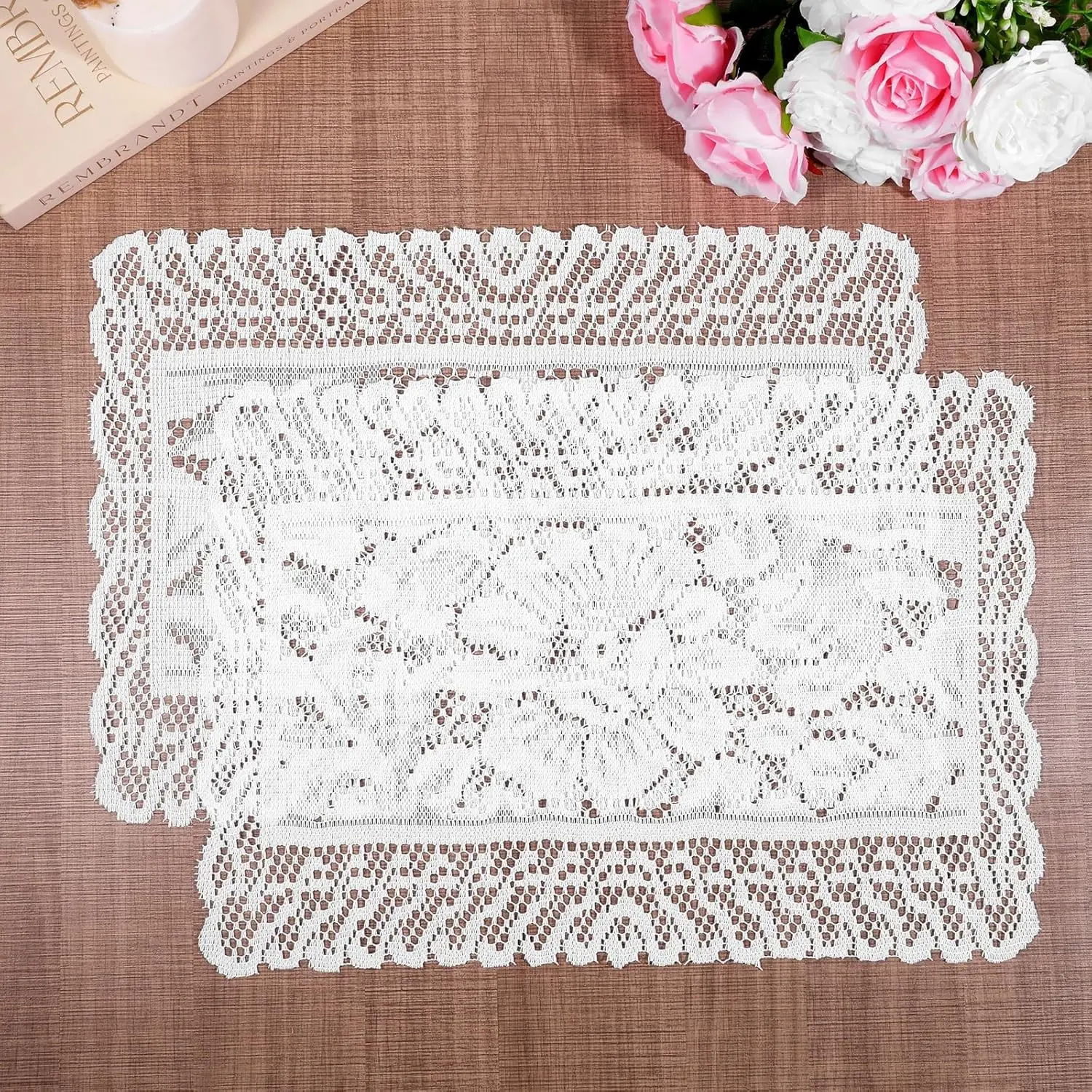 White Rectangle Lace Placemats for Tables, 2 PCS White Lace Placemats Vintage Laces Tablemats Embroidered Crochet Placemat Cloth Laces Floral Table Runner for Cabinets Dining Tables, 12x17 Inch