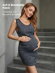 Maternity Belly Support Dress, High Stretch Fabric, Side Pleat Design, Waist Support, Comfortable for Late Pregnancy, Maternity Dresses