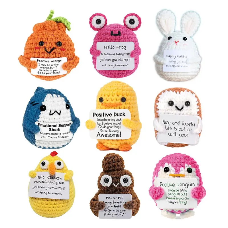 Mini Funny Positive Crochet Stuffed Animals Soft Huggable Amigurumi Ornament, 9 Counts/set Emotional Inspirational Support Ornament, Gift for Women Men Coworker Friends Birthday and Holiday Gifts Stocking Stuffers, Soft Cuddly Gift