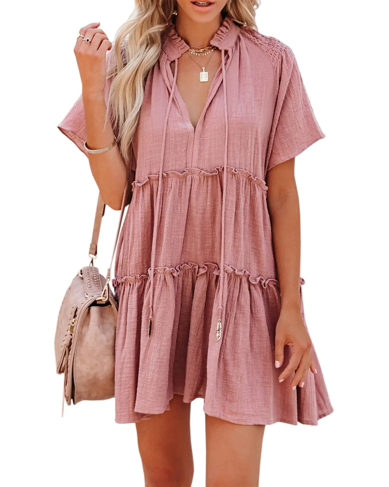 Womens Split V Neck Ruffle Babydoll Dress Short Sleeve Drawstring Neck Tiered Mini Tunic Dresses Sky Blue