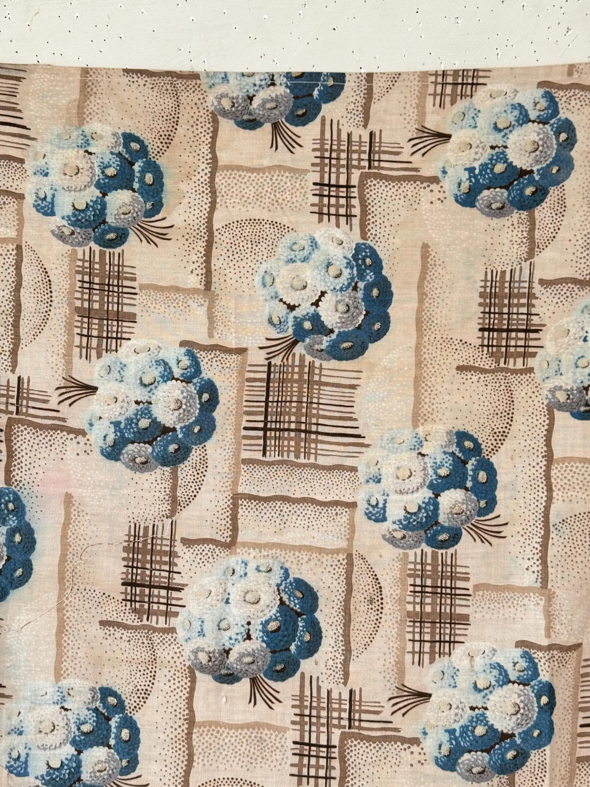 27x18 Antique French fabric 1925 1920's blue brown pattern floral cottage art deco nouveau style interiors shabby cotton