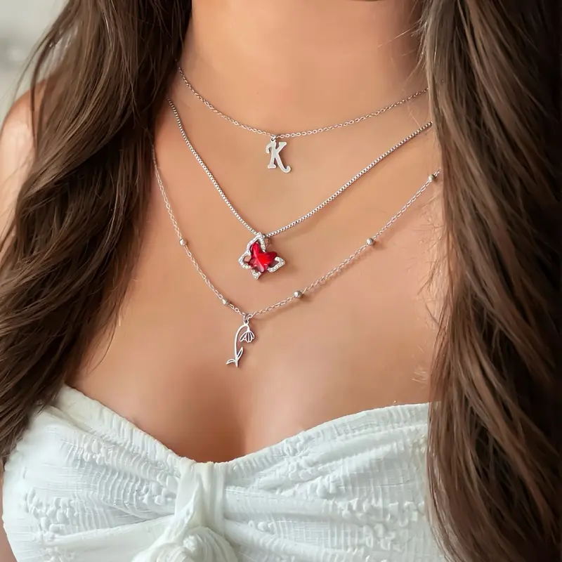 Personalized Stainless Steel Layered Necklace With Custom Birthstone Birth Flower And Initials,High Quality Fashion Jewelry for Women