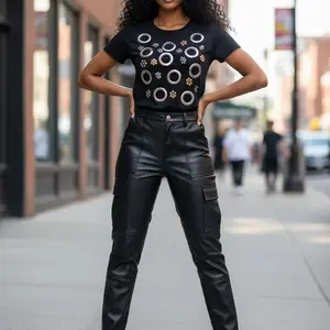 Black T-Shirt with Circular and Floral Pattern Gold and Silver Studs