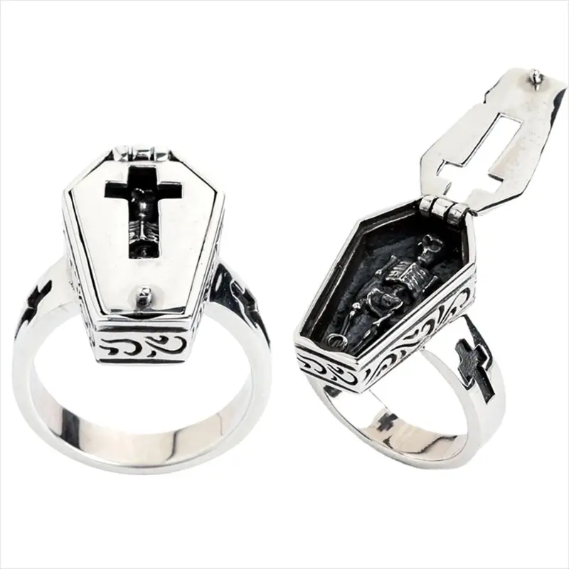 Vintage Halloween Vampire Skull Flip Coffin Men's Ring Gothic Punk Steam Motorcycle Y2K Party Gift Jewelry