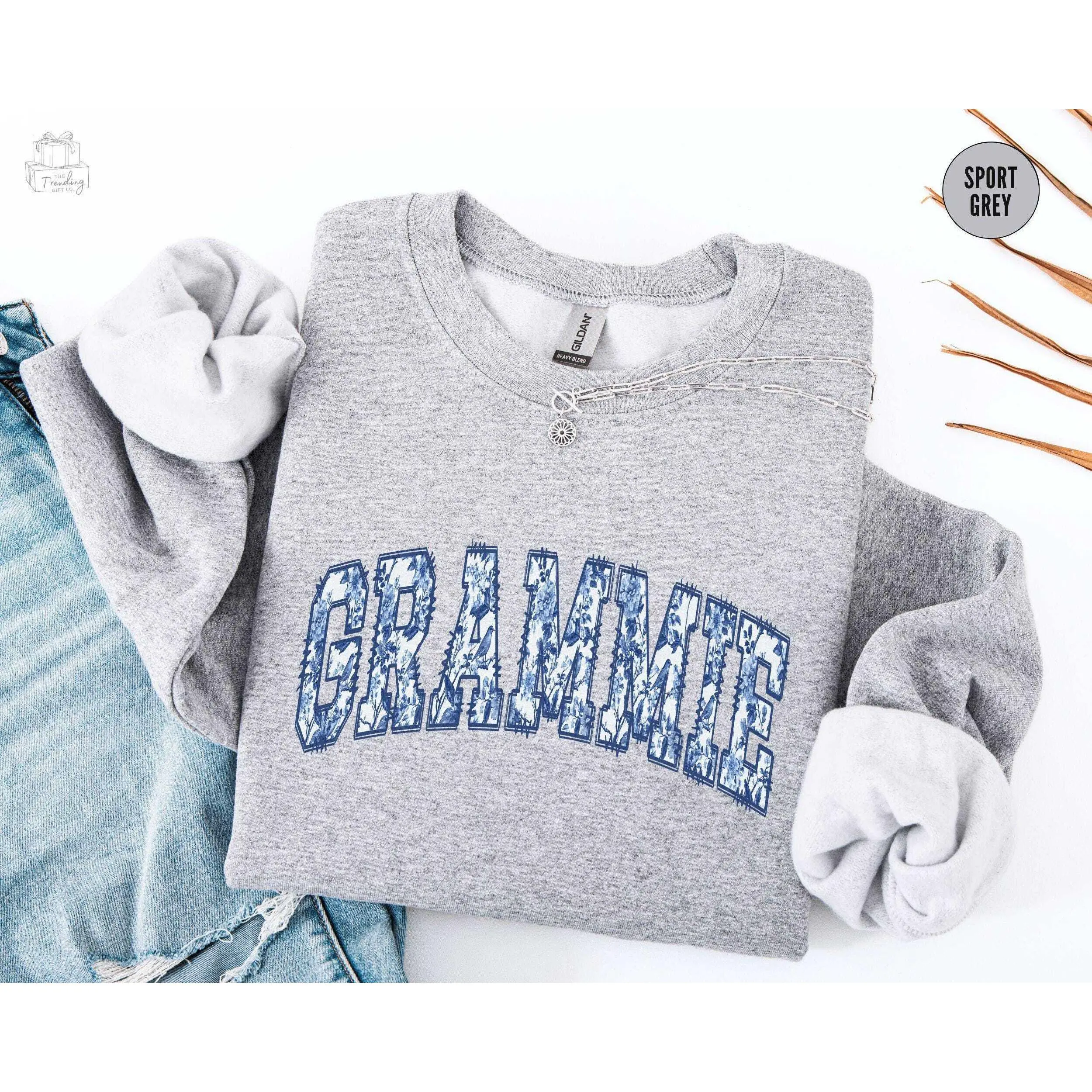 Floral Grammie T-Shirt Or Sweatshirt, De Jouy Grandmother Birthday Gift, Mothers Day T-Shirt Cotton Fabric Polyester Sleeve Womenswear Bottom Grey Grey