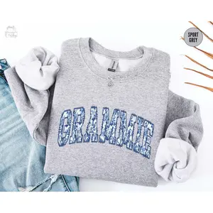 Floral Grammie T-Shirt Or Sweatshirt, De Jouy Grandmother Birthday Gift, Mothers Day T-Shirt Cotton Fabric Polyester Sleeve Womenswear Bottom Grey Grey