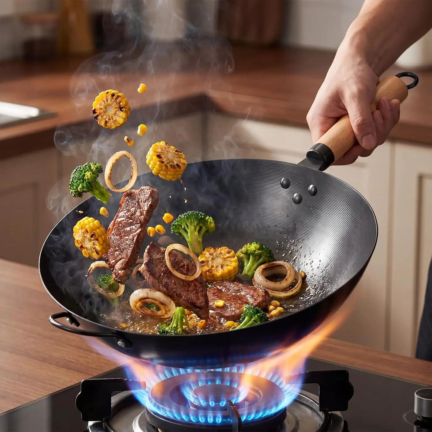 13.5" Carbon Steel Wok Pan, Pre-Seasoned Flat Bottom Wok for Stir Fry, BBQ, Grill & Camping, Compatible with Induction, Electric, Gas and Open Fire