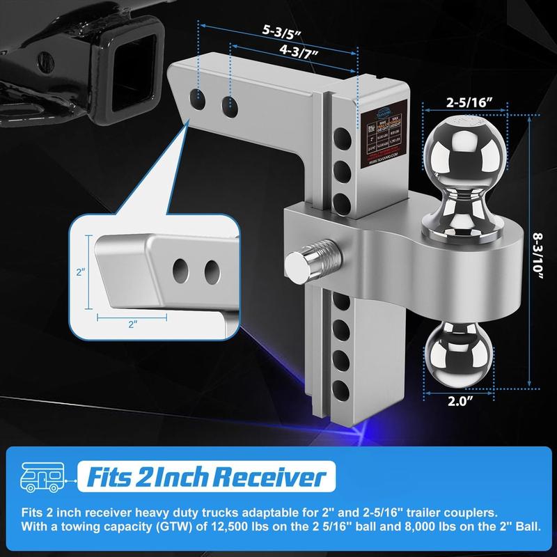 Adjustable Trailer Hitch, 8 Inch Drop Hitch Ball Mount (Fits 2-Inch Receiver), 12,500 LBS GTW, (2" & 2-5/16") Chrome Plated Steels Balls, Aluminum Tow Hitches with Two Anti-Theft Pins Locks