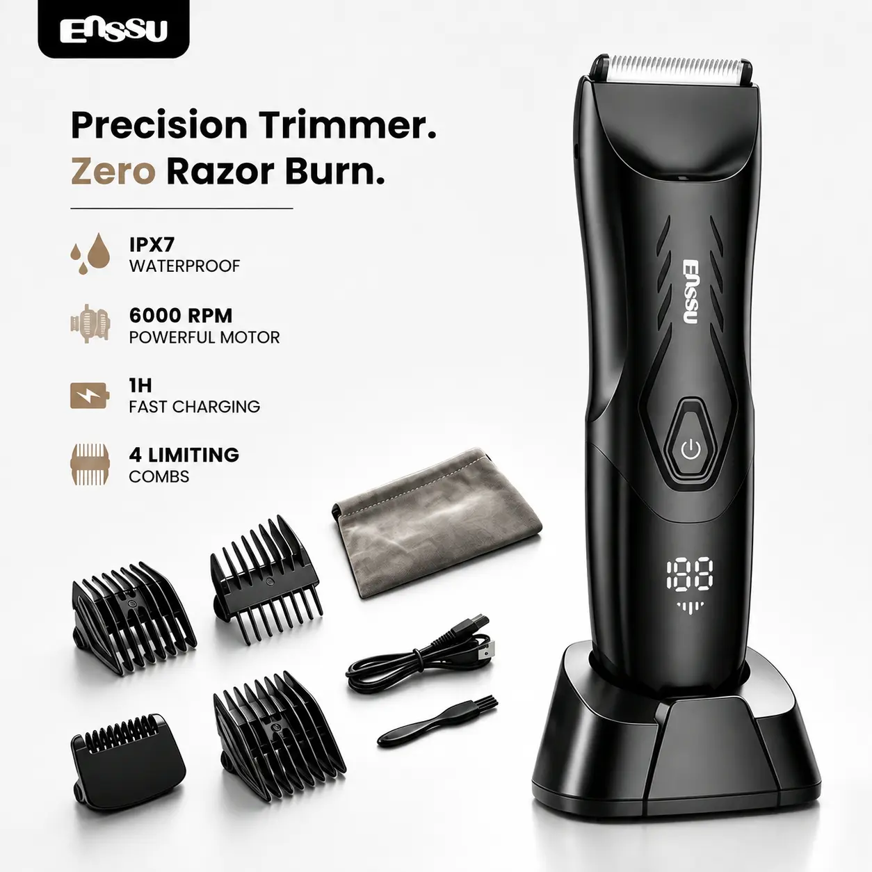 ENSSU Men's Fast-Charging Cordless Manscaping Trimmer - IPX7 Water Resistant, Precise Ceramic Blade, Groin & Body Groomer, LED Display Hair & Personal Care Battery Operated Hair Trimmers & Clippers