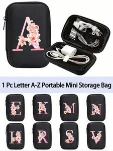 Pink Floral Letters A-Z Portable Mini Storage Bag Organiser,Love Pattern Waterproof and Anti Drop Digital Bag, Initial Name Logo Phone Charger Data Cable Storage Bag, Travel, School, College, Office