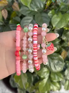 5-Piece Clay Strawberry Pendant Acrylic Bead Pearl Bracelet Set, Stackable Bracelets, Cute Playful Vibrant Delicate Jewelry Gift