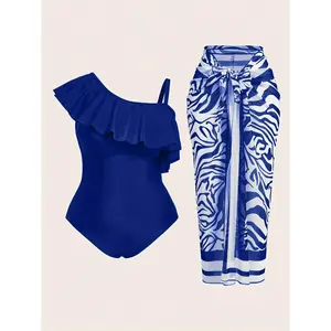 2026 Plus Size Blue One-Piece Swimsuit, Asymmetric Ruffle Top with Adjustable Strap, and Matching Printed Sarong Cover-Up, Slim Fit Two-Piece Bathing Suit,Swimwear for Women, Perfect for Beach, Pool & Resort Wear