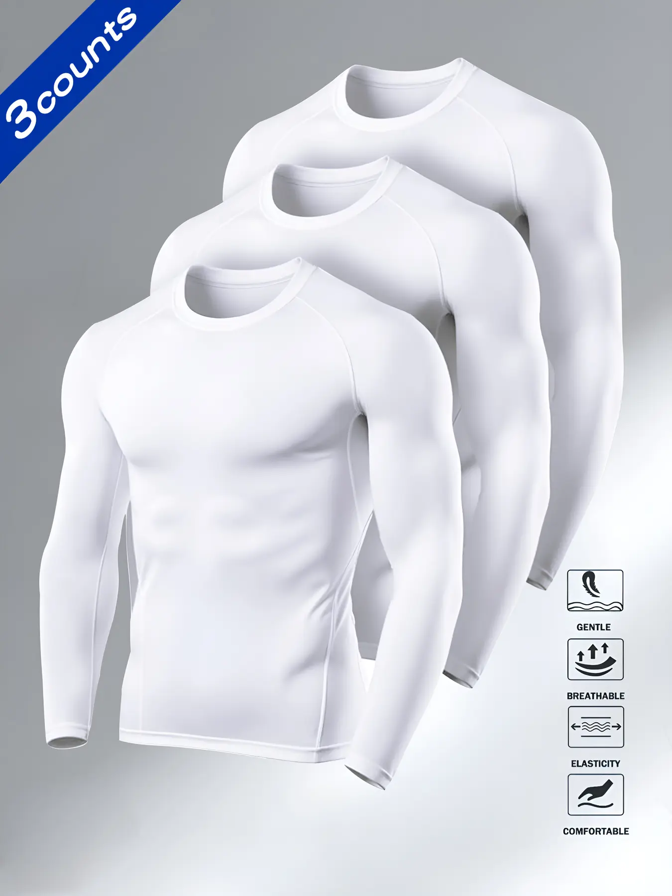Men's 3-Pack Stealth Compression Long Sleeves- All White Gym to Office Base Layer, Gym Athletic Clothes, Fitness Apparel, Fitness Training Clothes, Moisture-Wicking Poly-Spandex Blend with Seamless Tech, High Stretch Activewear, Breathable Workout Shirt