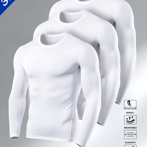 Men's 3-Pack Stealth Compression Long Sleeves- All White Gym to Office Base Layer, Gym Athletic Clothes, Fitness Apparel, Fitness Training Clothes, Moisture-Wicking Poly-Spandex Blend with Seamless Tech, High Stretch Activewear, Breathable Workout Shirt