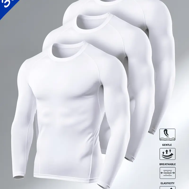 Men's 3-Pack Stealth Compression Long Sleeves- All White Gym to Office Base Layer, Gym Athletic Clothes, Fitness Apparel, Fitness Training Clothes, Moisture-Wicking Poly-Spandex Blend with Seamless Tech, High Stretch Activewear, Breathable Workout Shirt