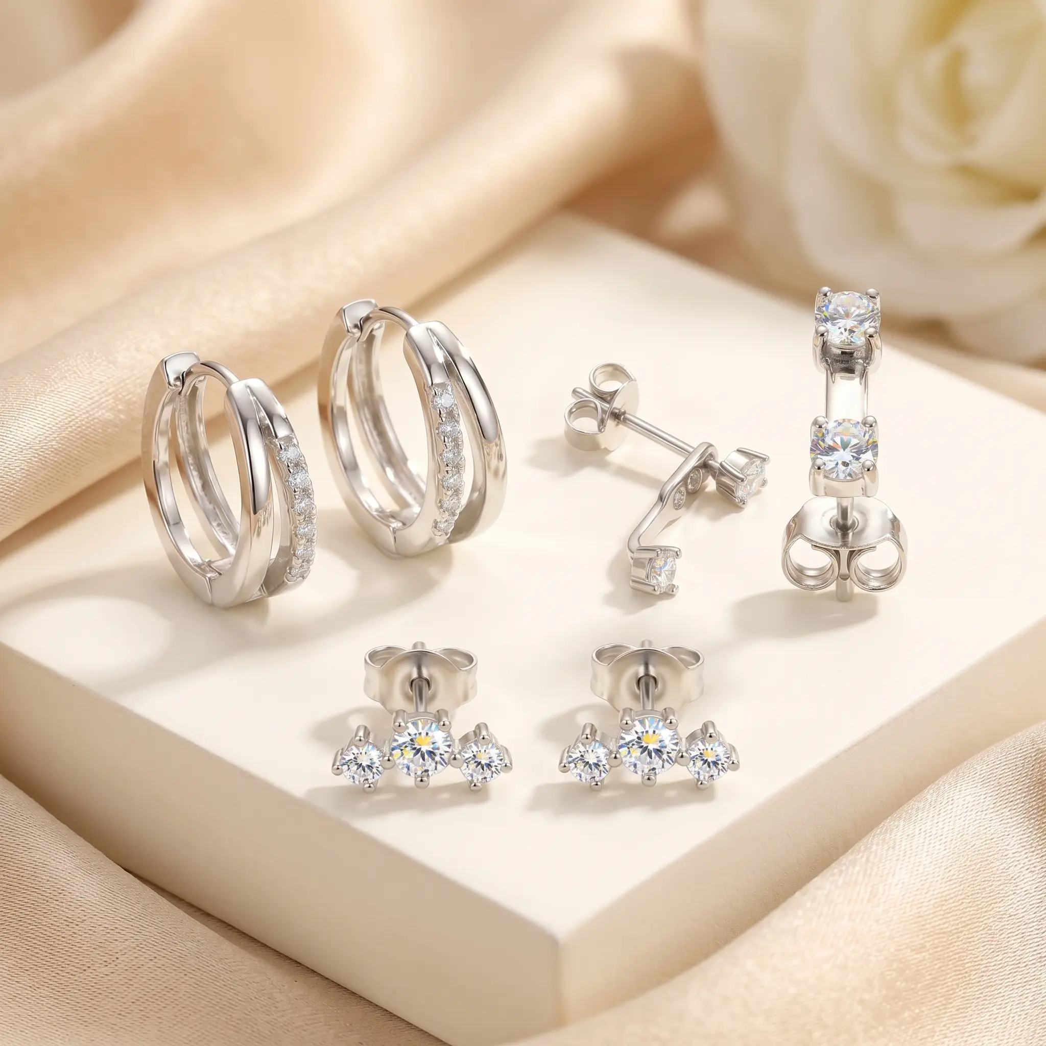 Women's 3-Pair Silver Costume Earring Set - Double-Layer Zircon Hoops, Sparkling CZ Studs Ear Stack Pack