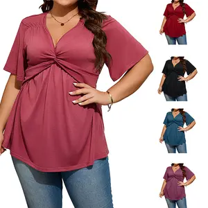 [1X-5X]Plus Size Tops for Women Twist Knot Short Sleeve Tunic Tops Low Cut Blouse V Neck Shirts (1X-5X)