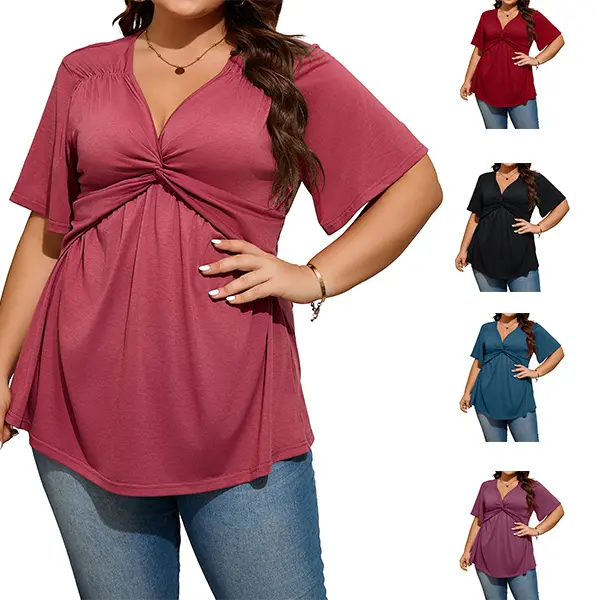 [1X-5X]Auciccoo Plus Size Tops for Women Twist Knot Short Sleeve Tunic Tops Blouse V Neck Shirts