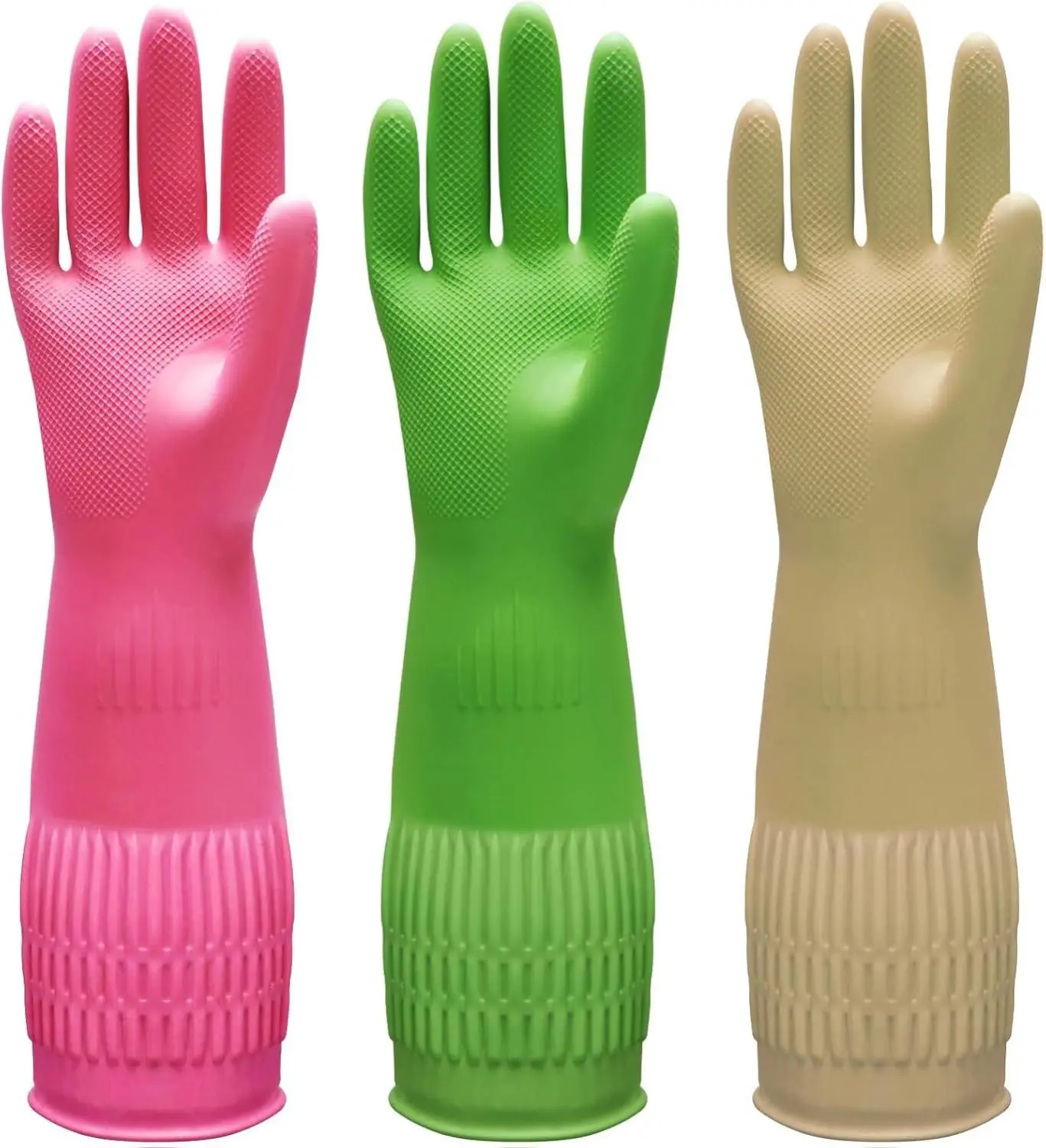 Household 3-Pack Rubber Dishwashing Hand Gloves - 15-in Long Cuff, Reusable, Flexible, Non-Slip, Durable, Waterproof Kitchen Cleaning Gloves (Red, Yellow, Green, Large)