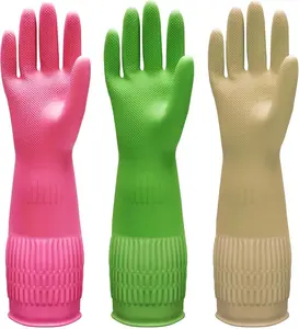 3-Pack Rubber Dishwashing Hand Gloves – 15-in Long Cuff, Reusable, Flexible, Non-Slip, Durable, Waterproof Kitchen Cleaning Gloves (Red, Yellow, Green, Large)