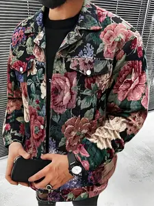 Men's Rose Print Yarn-dyed Fabric Jacket, Floral, Loose Casual Fashion Long Sleeve Lapel Outerwear for Daily Wear, Men's Clothes for All Seasons, Coats