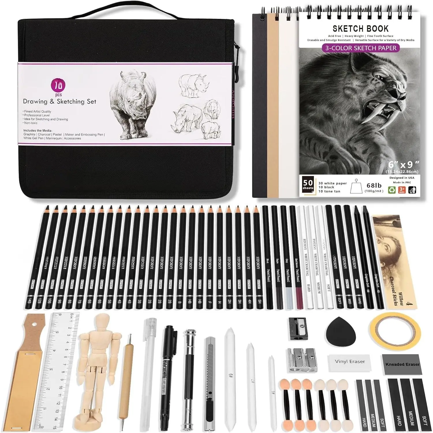 70 count Drawing Set Sketching Kit - Sketch Pencils Art Supplies for Adults Artists  with 3-Color Sketchbook,Graphite,Pastel,Charcoal Pencils,Blending Tools