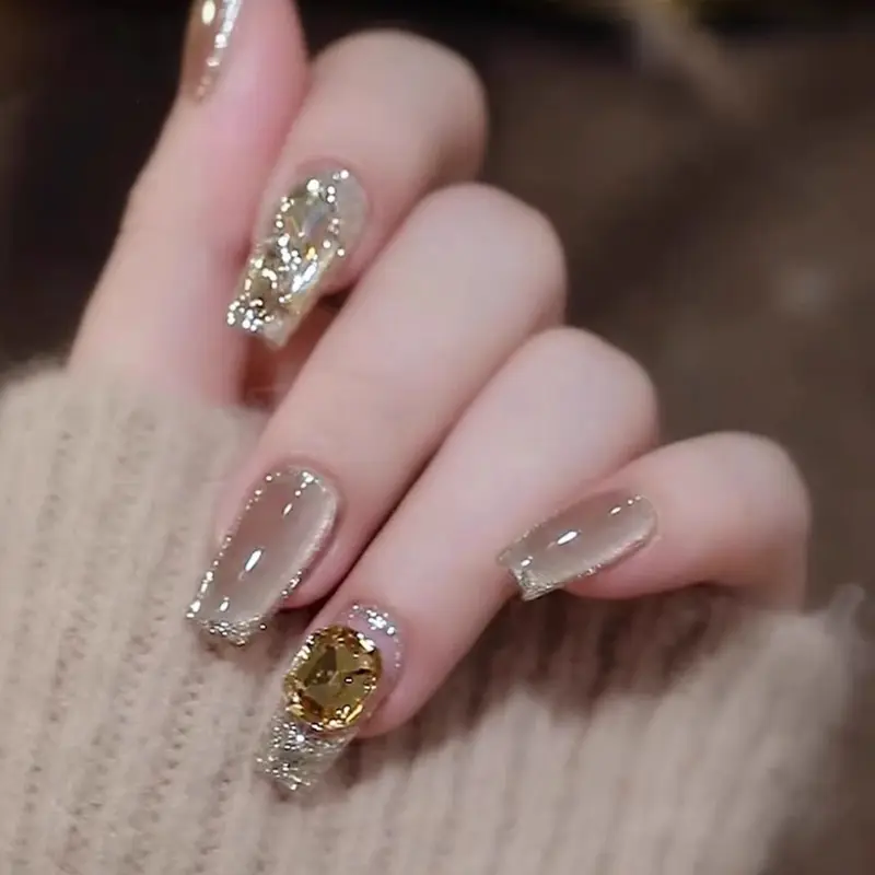 Pure hand-made wearable almond-shaped nails, medium-long length