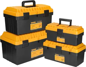 Stackable Tool Box Set, Heavy Duty Nested Plastic, 4 Organizer Boxes with Removable Trays for Screws, Parts and Tools, Garage, Workshop and Home, 13/15/17/19 Inch