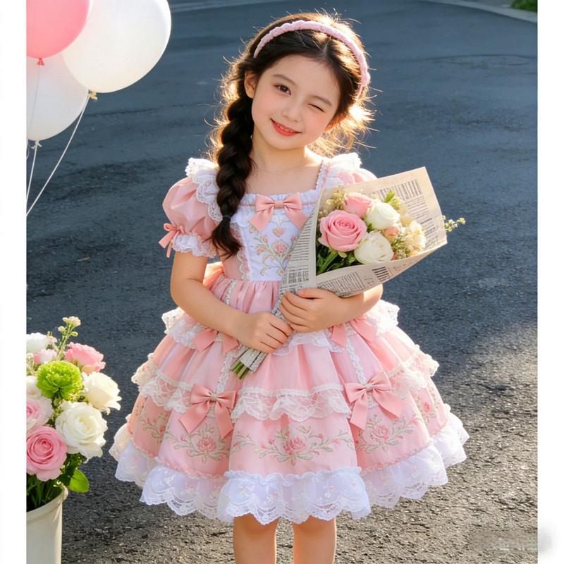 Girls' Pink-White Plaid Floral Print Ruffled Short Sleeve Crew Neck Dress - Bow, Breathable Fabric, Lace Trim, Floral Embroidery, 3-Layer Full Skirt, Puff Princess Style - for Birthday Parties, Fashion Shows - 3-12 Years, Do Not Dry Clean