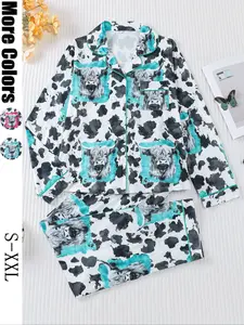 Women's 2-Piece Sleepwear Set, Highland Cow Print, Knitted Fitted Long Sleeve Soft Shirt Collar Top & Elastic Pants, Casual Loungewear for Fall Winter