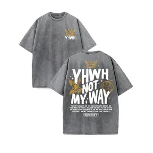 Retro Washed T-Shirt Double Sided Printed (230 Pure Cotton T-Shirt) 'YHWH NOT MYWAY'  Letter And Crown Pattern Print, Men's T-Shirt, Men's Casual, Comfortable, Fashionable T-Shirt, Street Style Cotton