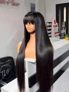 Women 4x4 Lace Front Wigs with Bangs Natural Black Color Hair 200% High Density Glueless Replacement Wig 100% Unprocessed Real Human Hair for Daily Party Use