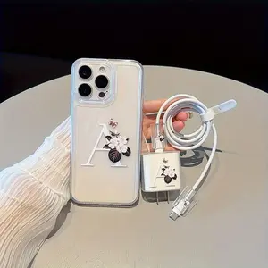 Initials Letter Pattern Phone Case with Charger Saver & Cable Protector & Storage Bag & Phone Chain, Anti-drop Cellphone Protective Case for iPhone, Casing