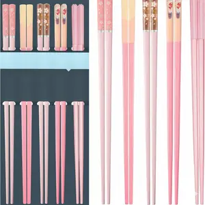 5 Pairs Chopsticks Reusable Dishwasher Safe, 9.57 inches Pink Non-slip Lightweight Fiberglass Chop Sticks, Asian Cuisine Japanese Chinese Chopstick Gift Set