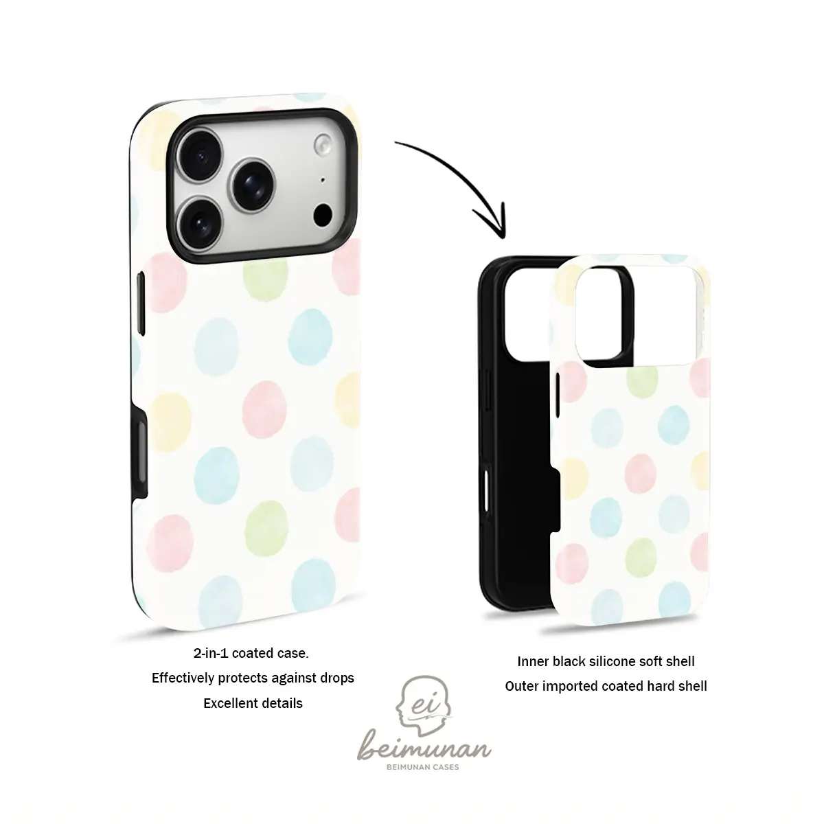 Pastel polka dot print cellphone case， durable shockproof 2in1 protective cover， for iPhone 17 16 15 14 13 12 11Pro Max series holiday gift minimalist stylish case， TPU smartphone cover