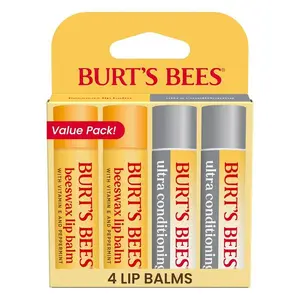 Burt’s Bees Lip Balm Pack – Beeswax & Ultra Conditioning Lip Balms with Kokum & Shea Butter, Natural Origin Hydrating Lip Care, 4 Tubes x 0.15 oz