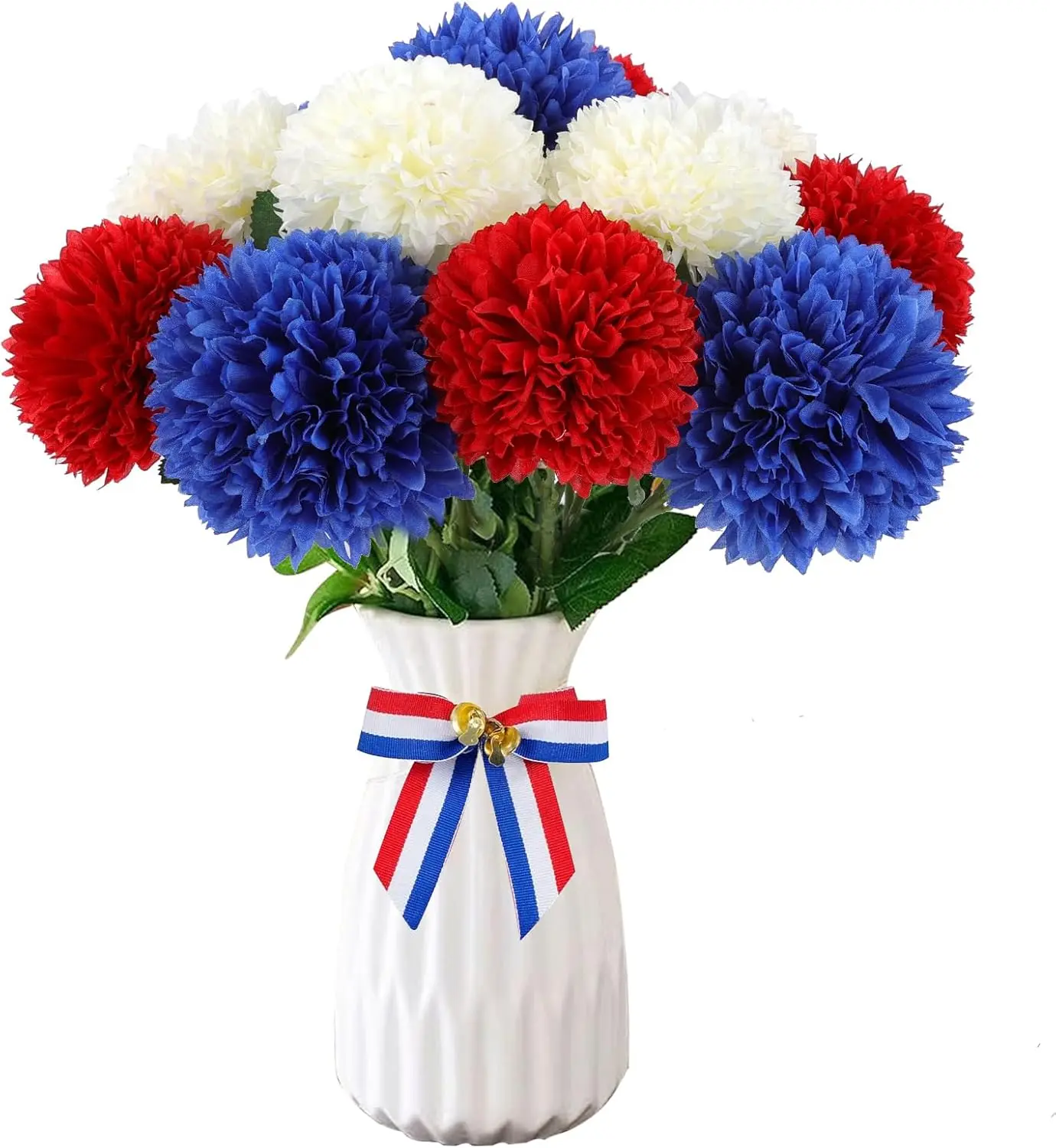 12PCS Artificial Faux Flowers Tri-Color Hydrangea Red/White/Blue Bouquet Chrysanthemum Holiday Fake Flowers for Patriotic Displays, School Events,Patriotic Memorial Arrangements,Memorial Day