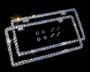 Dazzling Addiction 2 3D Bling License Plate Frame Big Chunky Rhienstones Clear Made in USA Handmade 1 Row Holder Screw Caps Personalizable Customizable Customized White Bedazzled Sparkly Shimmering for Her Girls and Women 2 Holes Crystals Diamond Silver