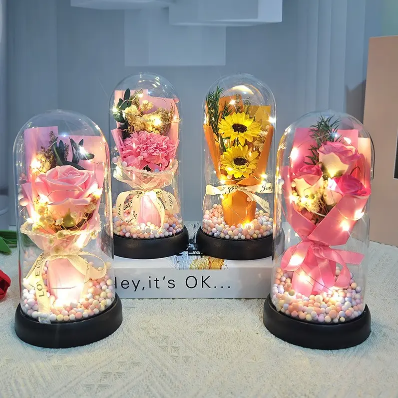Lighted Acrylic Dome Eternal Flower Bouquet | Rose Carnation Tulip Preserved Soap Gift for Mom Valentine Lighted Acrylic Dome Eternal Flower Bouquet | Rose Carnation Tulip Preserved Soap Gift for Mom Valentine