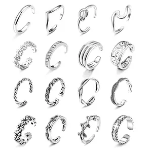 FINREZIO 16 Pcs Silvery Exquisite Copper Toe Rings Set for Women Men Adjustable Open Stackable Toe Rings with Sweet Flower Knot Twisted Designs Hypoallergenic Foot Jewelry Set for Summer Beach Vacation Daily Wear