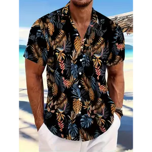 Men'S Plus-Size Button-Up Shirt with Vintage Floral Design for Summer Casual Wear