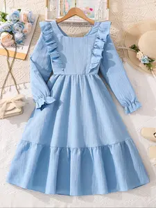 Girls Blue Lace Design Square Neck Bubble Long Sleeve Dress, Comfortable Simple Elegant Style, Perfect for Daily Wear & Special Occasions