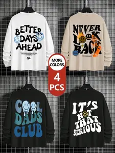 Men's Slim-Fit Long Sleeve T-Shirts, Knit, Graphic Print, Casual Street Style, Streetwear, All-Season Wear, Pack of 4, Daily Fashion Essentials
