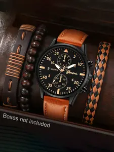 5-piece men's quartz watch set, featuring casual, sporty, fashionable, and industrial-style round dial quartz watches, paired with men's PU leather straps, suitable for daily wear, without a packaging box, Quartz Wristwatch, Casual Trendy Wristwatch