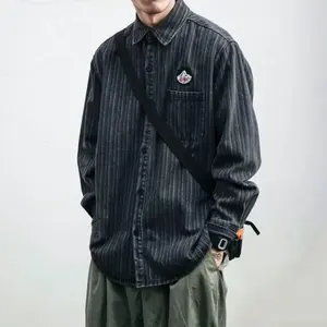 Men’s Spring/Autumn Japanese-Style Chic Loose Striped Shirt Jacket — Korean-Inspired, Long Sleeve, Lapels & Pockets, Comfortable, Versatile