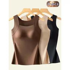3pcs Women'S Seamless Warm Tank Top with Built-in Bra- Slim-Fit Lifting, Skin-Friendly Base Layer, Sleeveless Wide Straps, Solid Black/Apricot/Brown, Smooth Washable Fabric, All-Season Layering for Daily Use slim-fitting adjustable