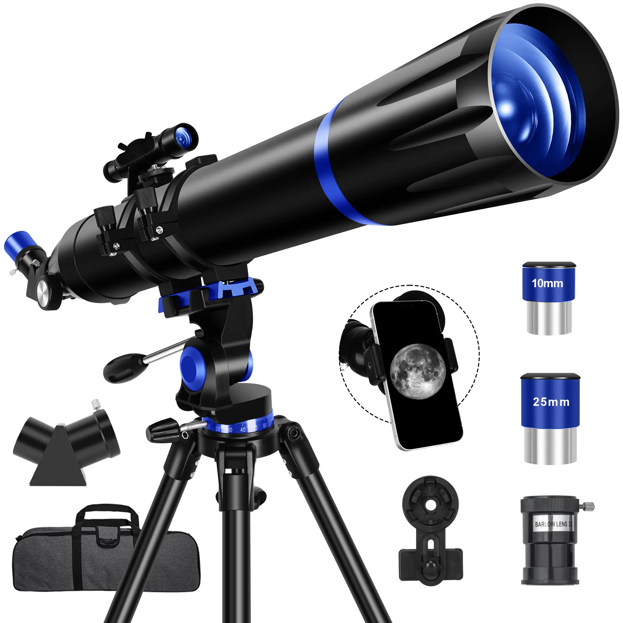Refractor Telescope for Adults - 90mm Aperture 800mm Portable Beginner-Friendly Scope with Phone Adapter, Stable Tripod, Carry Bag