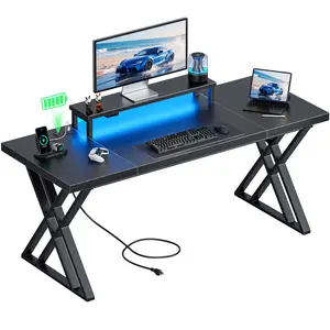 Thickened LED Strip Waterproof Desktop Computer Desk with 2 USB Charging Stations, Monitor Stand, X-Frame, and 2 AC Power Ports