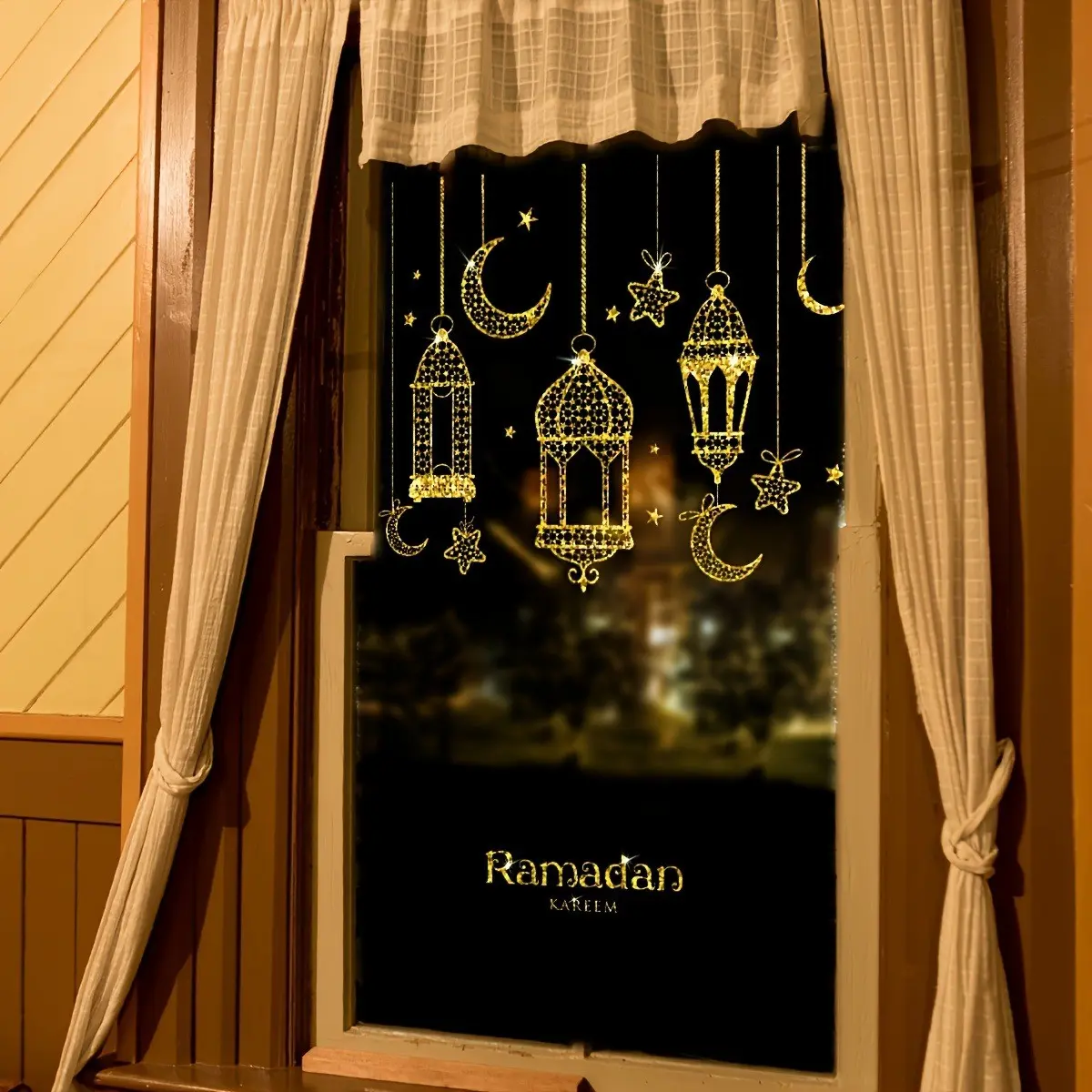 2-Piece Set 7.87x11.81 Inch Double-Sided Ramadan Lantern Pattern Self-Adhesive Window Stickers, Home Glass Decor for Festive Season