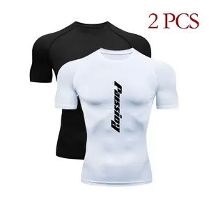 2-pack men’s compression T-shirts with letter print and raglan sleeves; quick-drying, moisture-wicking, breathable, stretchy fit athletic tees suitable for gym workouts and running training.